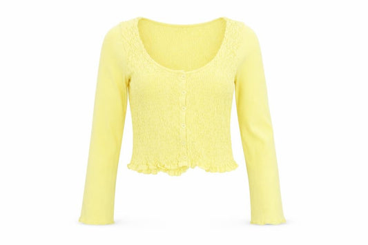 ASOS DESIGN Women's Yellow UK 10 Cropped Smocked Button-Up Long Sleeve Top