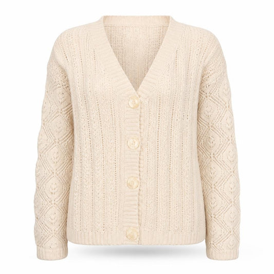 Damart Women Ivory UK 16 Cable Knit V-Neck Cotton Cardigan