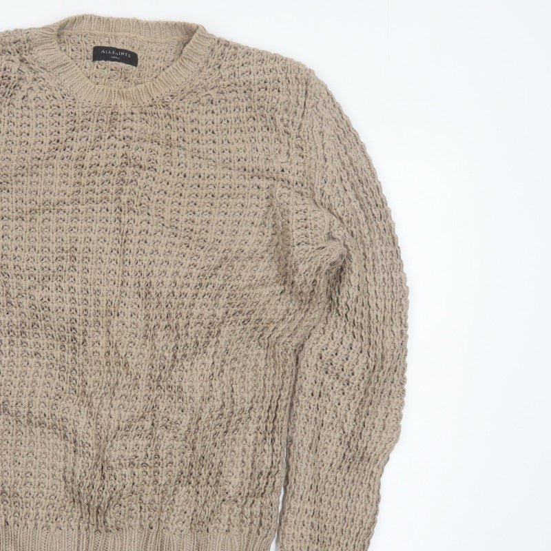AllSaints Men’s Beige Small Chunky Knit Crew Neck Pullover Jumper
