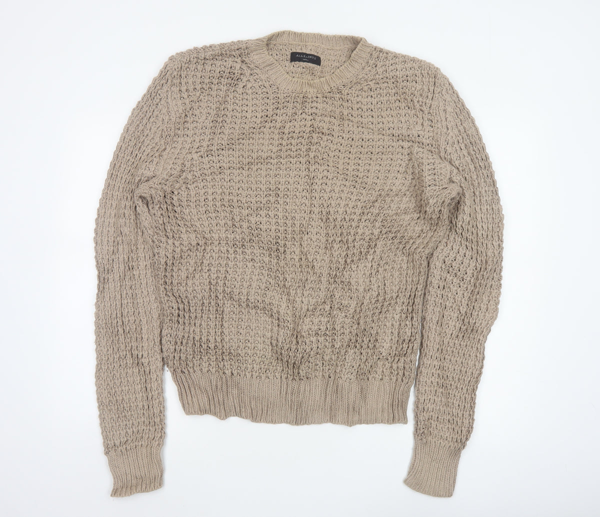 AllSaints Men’s Beige Small Chunky Knit Crew Neck Pullover Jumper