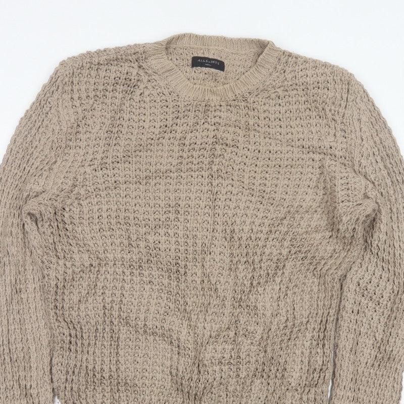 AllSaints Men’s Beige Small Chunky Knit Crew Neck Pullover Jumper