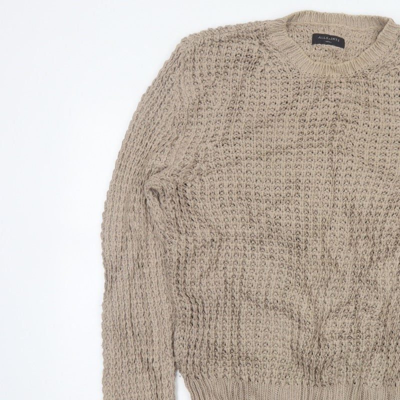 AllSaints Men’s Beige Small Chunky Knit Crew Neck Pullover Jumper
