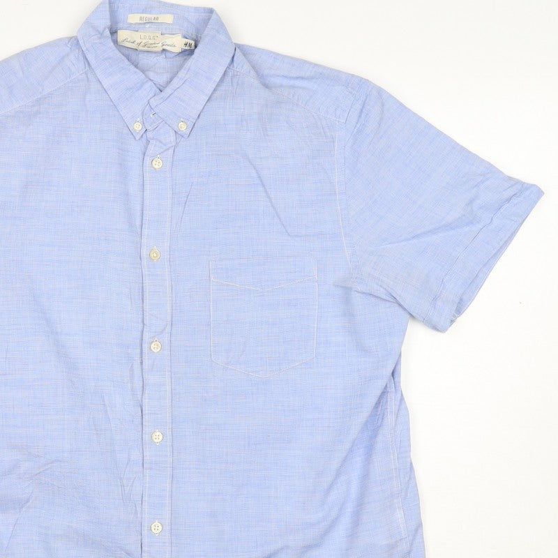 H&M L.O.G.G. Men Blue M Regular Chambray Short Sleeve Button-Up Shirt