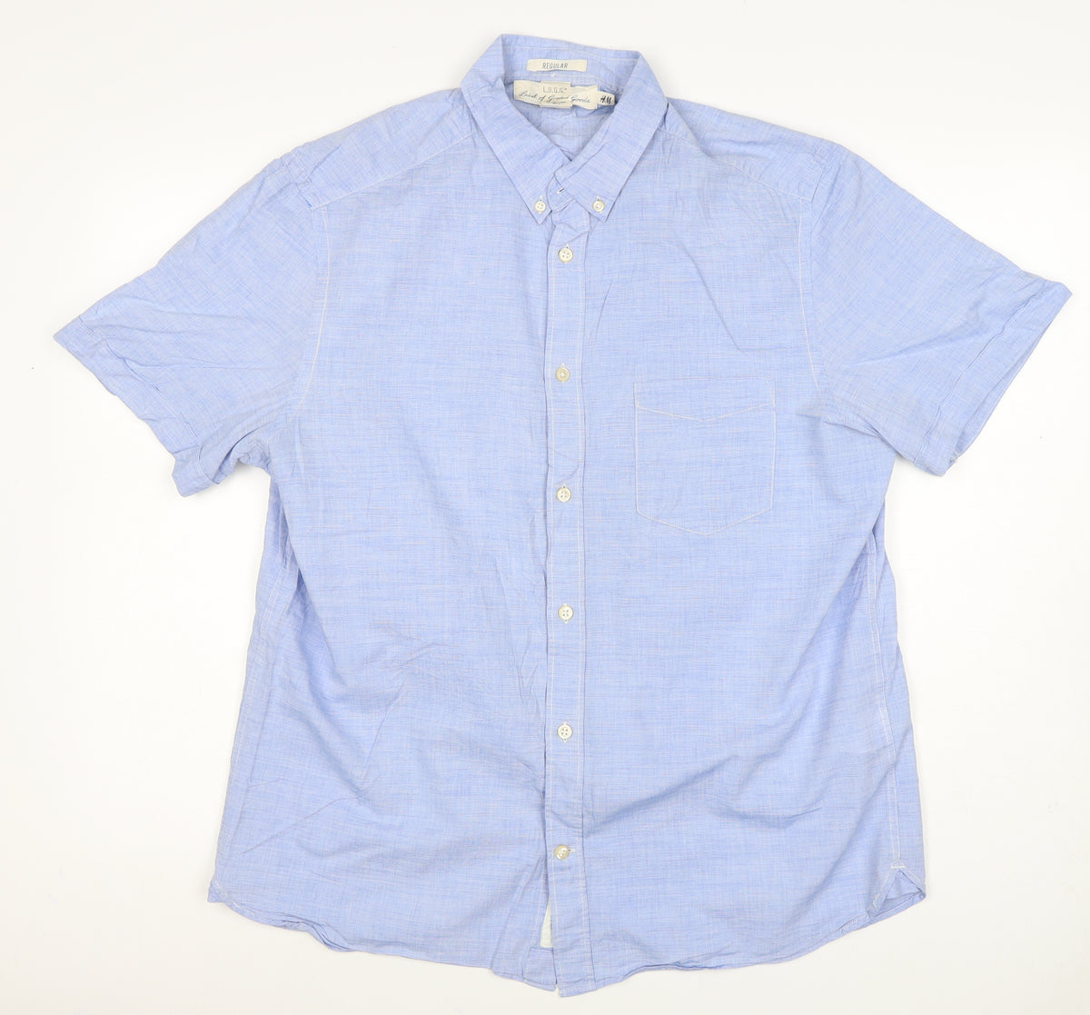 H&M L.O.G.G. Men Blue M Regular Chambray Short Sleeve Button-Up Shirt