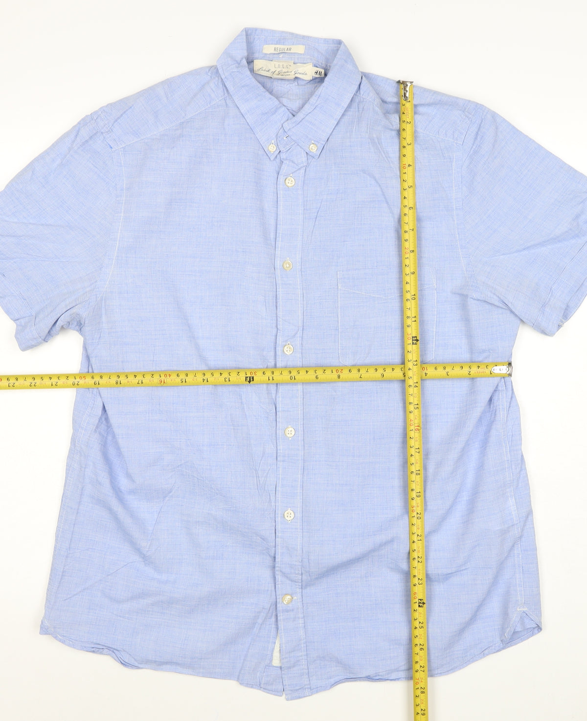 H&M L.O.G.G. Men Blue M Regular Chambray Short Sleeve Button-Up Shirt