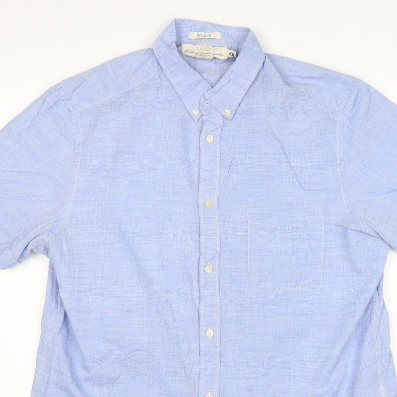 H&M L.O.G.G. Men Blue M Regular Chambray Short Sleeve Button-Up Shirt