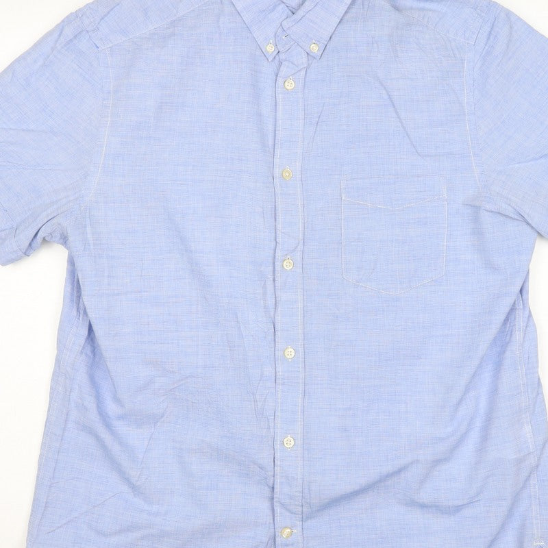 H&M L.O.G.G. Men Blue M Regular Chambray Short Sleeve Button-Up Shirt