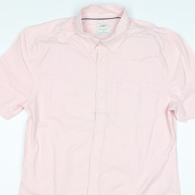 Marks and Spencer Men Pink S Regular Fit Cotton Button Down Shirt