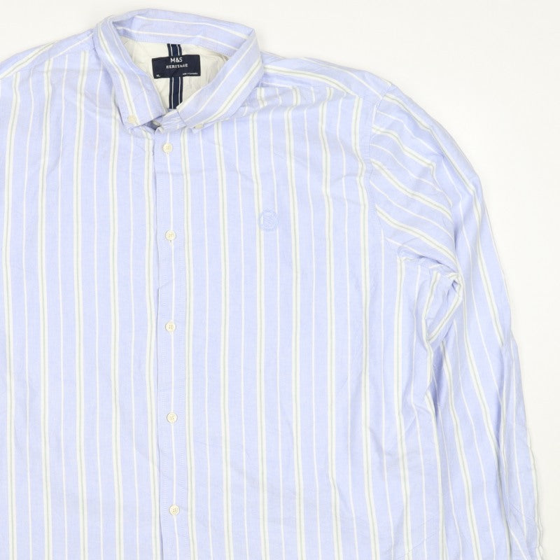 Marks and Spencer Men Blue XL Striped Cotton Button-Down Long Sleeve Shirt
