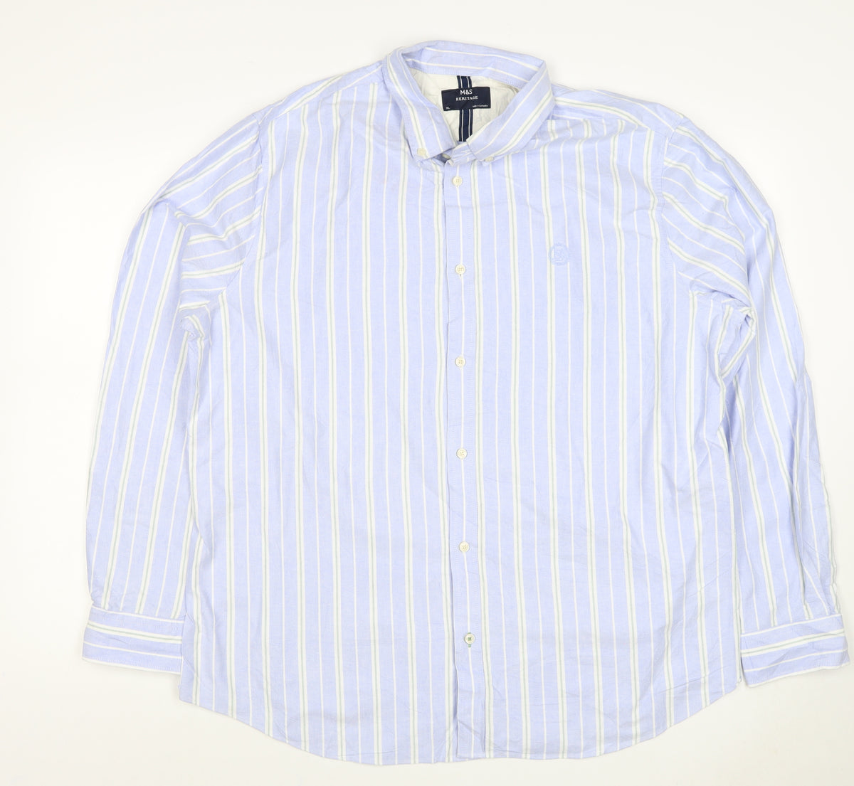 Marks and Spencer Men Blue XL Striped Cotton Button-Down Long Sleeve Shirt