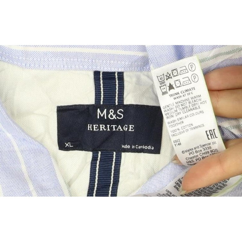 Marks and Spencer Men Blue XL Striped Cotton Button-Down Long Sleeve Shirt
