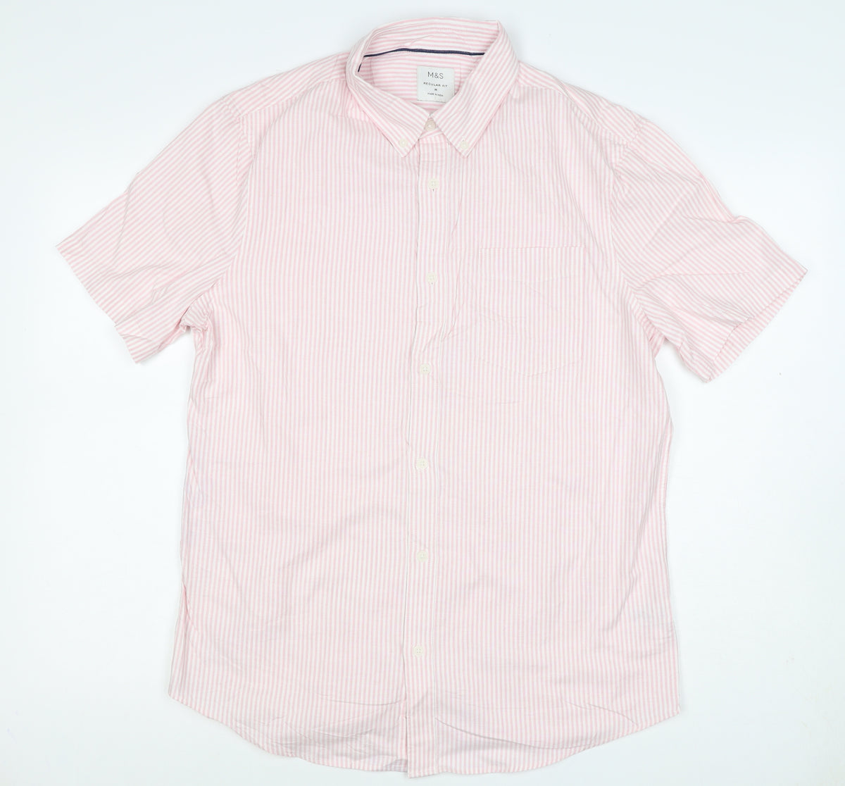 Marks and Spencer Men Pink Striped M Regular Fit Short Sleeve Shirt