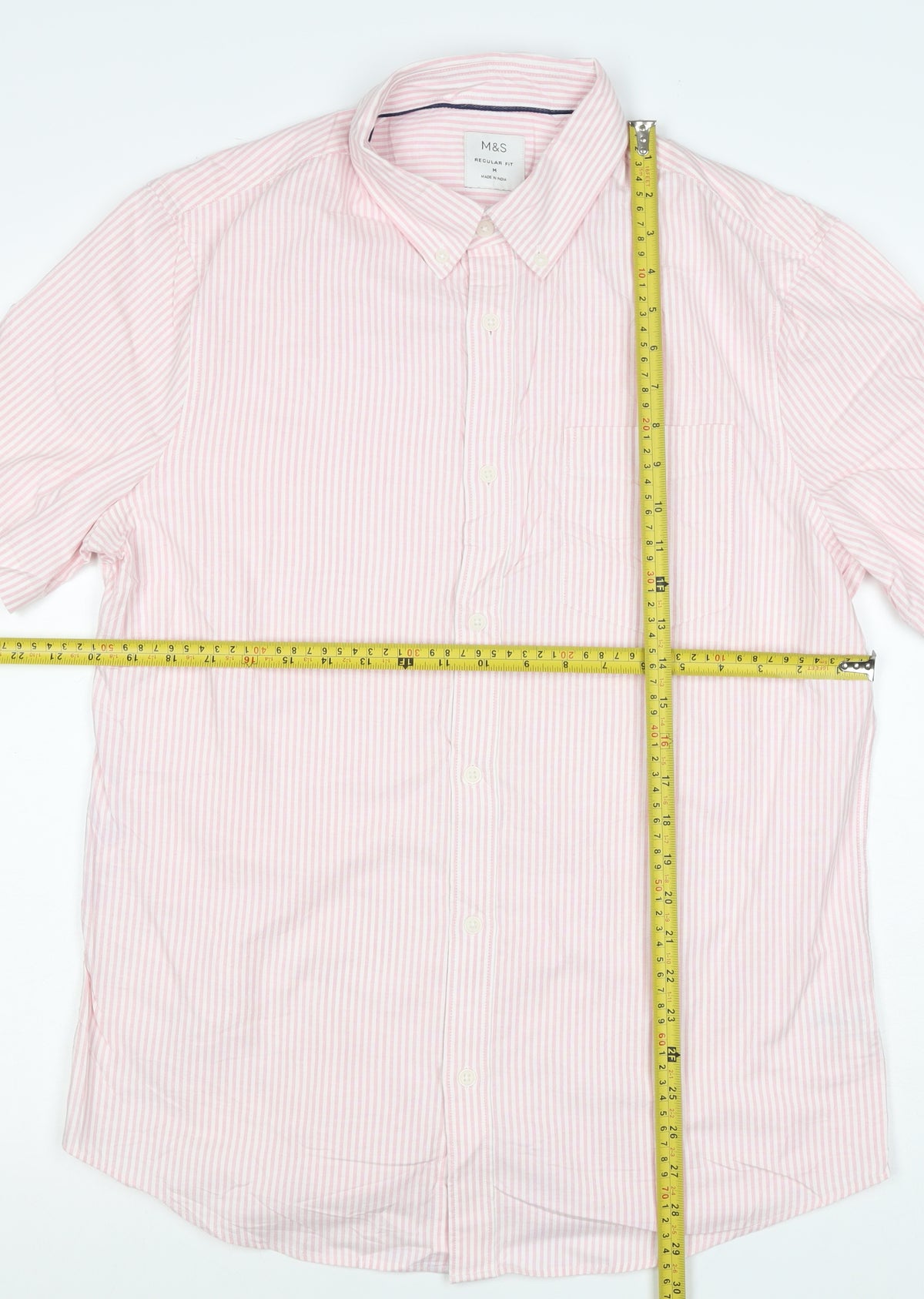Marks and Spencer Men Pink Striped M Regular Fit Short Sleeve Shirt