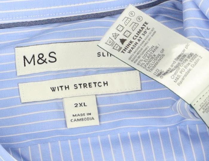 Marks & Spencer Men Blue Stripe 3XL Slim Fit Stretch Button-Down Shirt