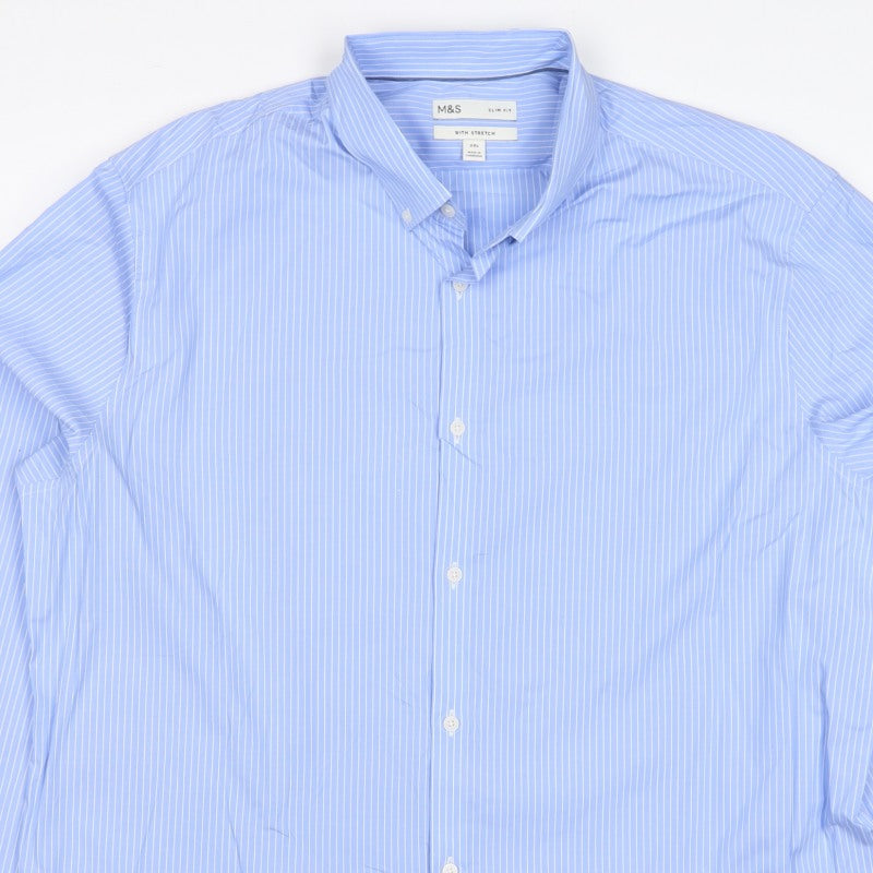 Marks & Spencer Men Blue Stripe 3XL Slim Fit Stretch Button-Down Shirt
