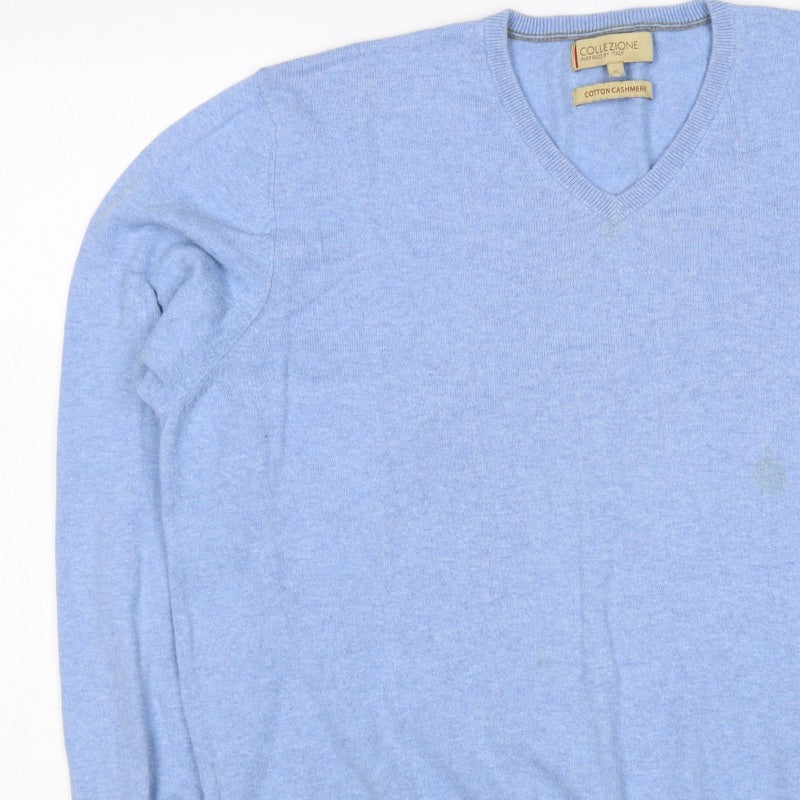 Marks and Spencer Men's Blue XL Cashmere Cotton V-Neck Pullover