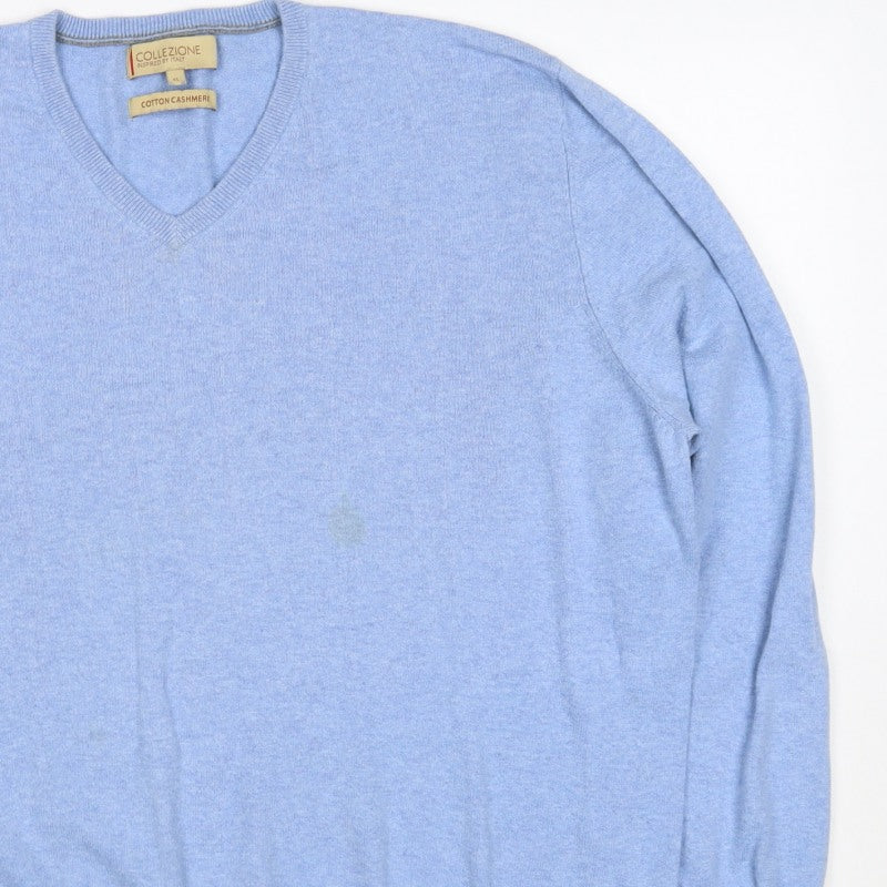 Marks and Spencer Men's Blue XL Cashmere Cotton V-Neck Pullover