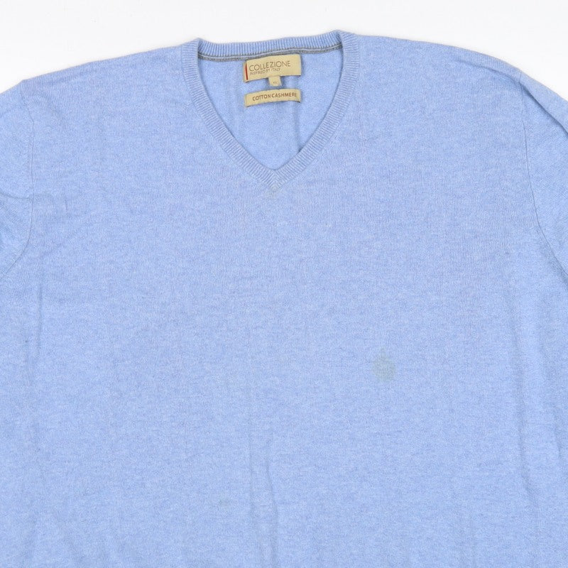 Marks and Spencer Men's Blue XL Cashmere Cotton V-Neck Pullover