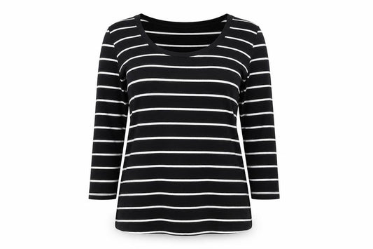 Marks and Spencer Women Black White Striped UK 16 3/4 Sleeve Jersey T-Shirt