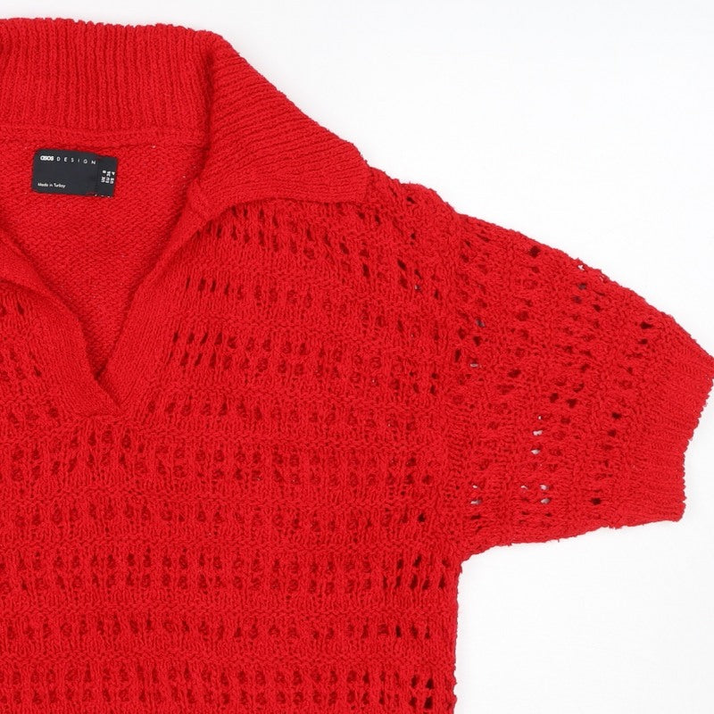 ASOS DESIGN Women Red UK 8 Collared Open-Knit Short Sleeve Pullover Jumper