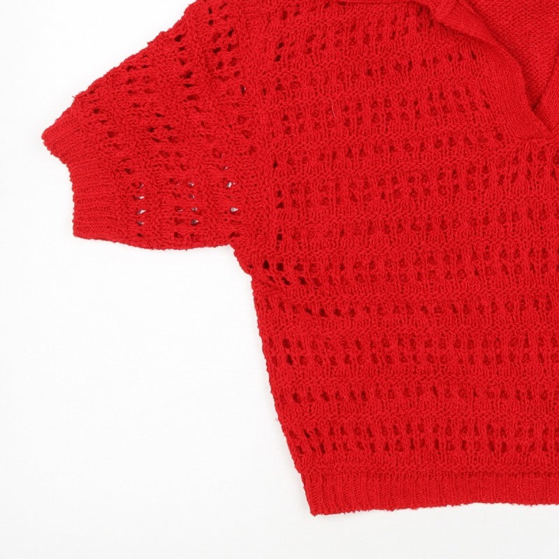 ASOS DESIGN Women Red UK 8 Collared Open-Knit Short Sleeve Pullover Jumper