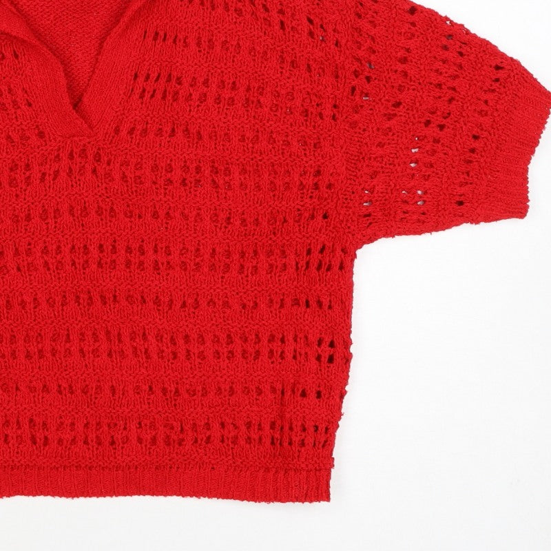 ASOS DESIGN Women Red UK 8 Collared Open-Knit Short Sleeve Pullover Jumper