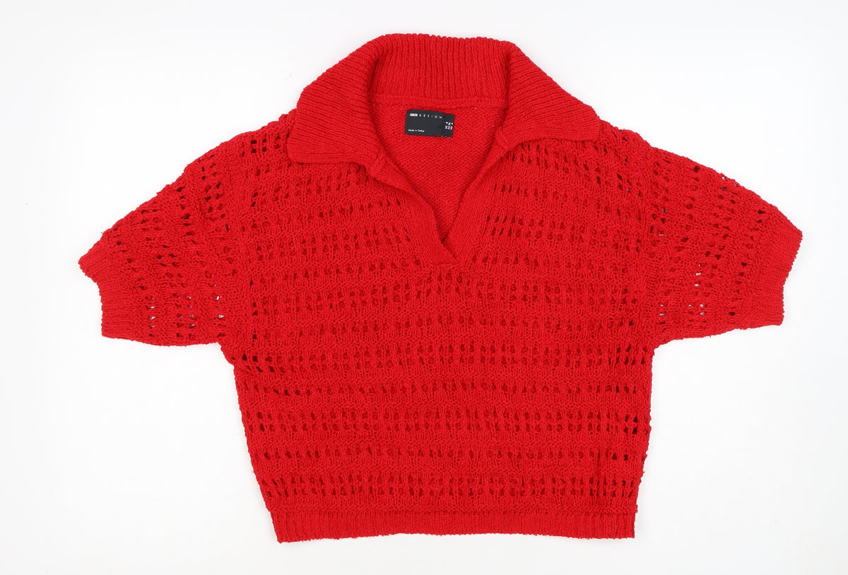 ASOS DESIGN Women Red UK 8 Collared Open-Knit Short Sleeve Pullover Jumper