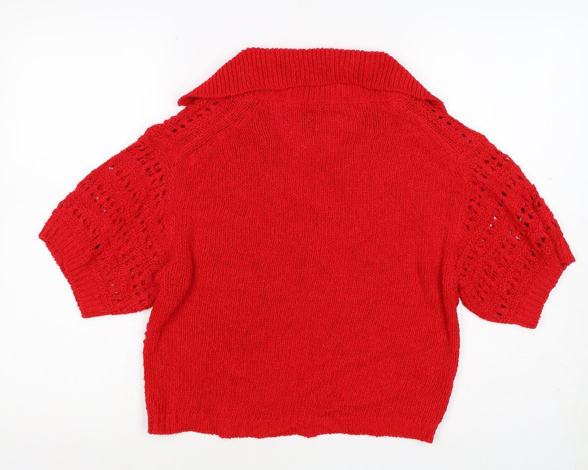 ASOS DESIGN Women Red UK 8 Collared Open-Knit Short Sleeve Pullover Jumper