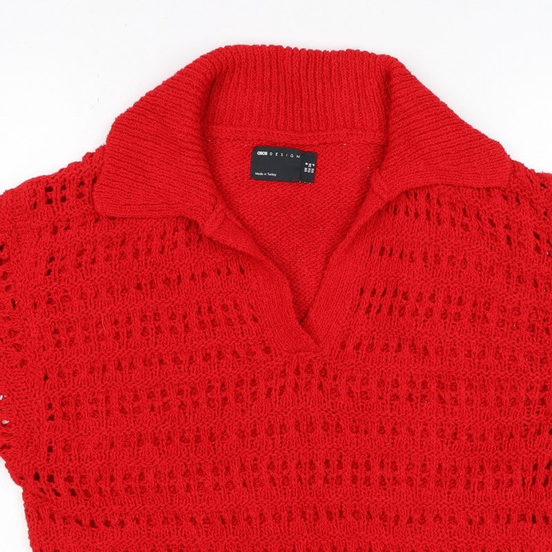 ASOS DESIGN Women Red UK 8 Collared Open-Knit Short Sleeve Pullover Jumper
