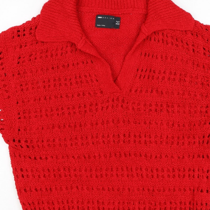 ASOS DESIGN Women Red UK 8 Collared Open-Knit Short Sleeve Pullover Jumper