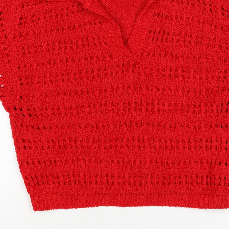 ASOS DESIGN Women Red UK 8 Collared Open-Knit Short Sleeve Pullover Jumper