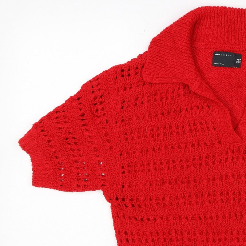 ASOS DESIGN Women Red UK 8 Collared Open-Knit Short Sleeve Pullover Jumper