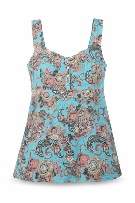 Fat Face Women Blue Size 14 Floral Cotton Camisole Tank Top