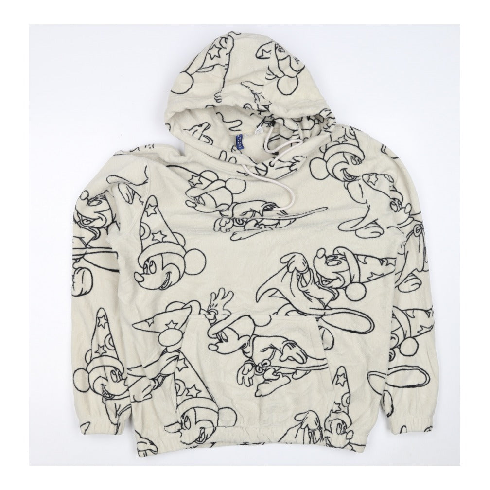 H&M Men’s Ivory Mickey Mouse Fleece Hoodie M Pullover Cartoon