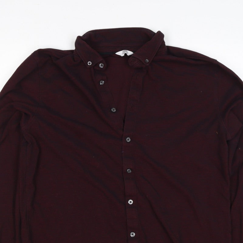 Next Men Red L Stretch Cotton Button-Up Long Sleeve Shirt