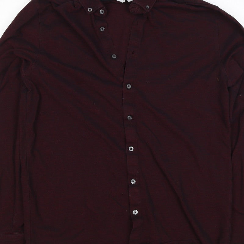Next Men Red L Stretch Cotton Button-Up Long Sleeve Shirt