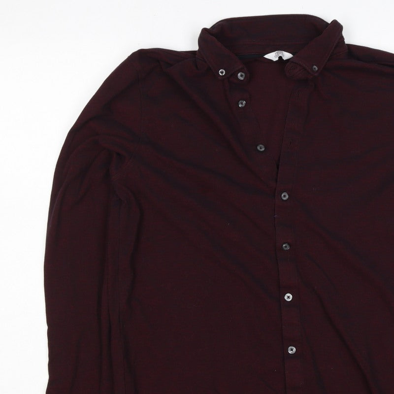 Next Men Red L Stretch Cotton Button-Up Long Sleeve Shirt