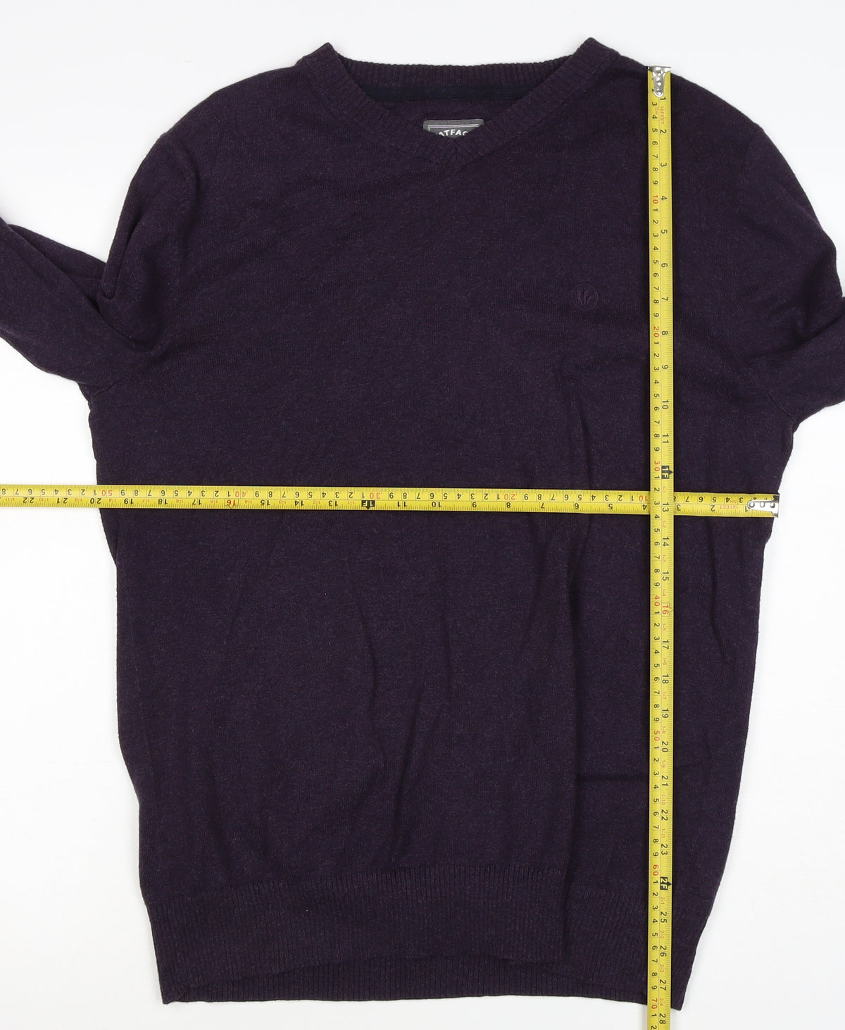 FatFace Men’s Purple Ramie Cotton V-Neck Pullover Jumper L Logo