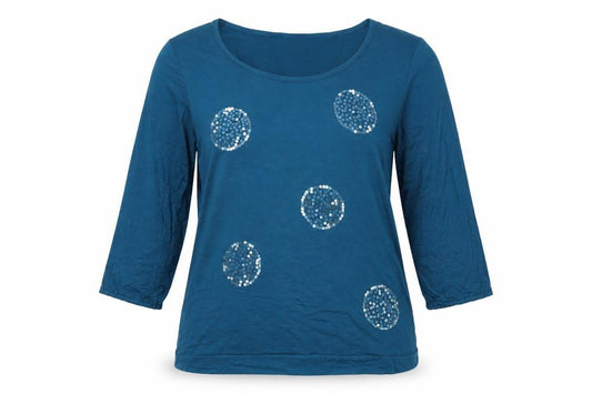 Klass Women Blue L Sequin Jersey Scoop Neck 3/4 Balloon Sleeve Top