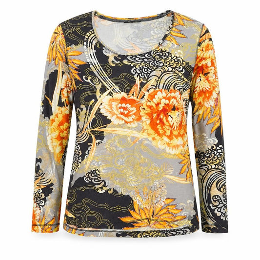 Olsen Women Multicoloured UK 12 Floral Cotton Long Sleeve Jersey Top