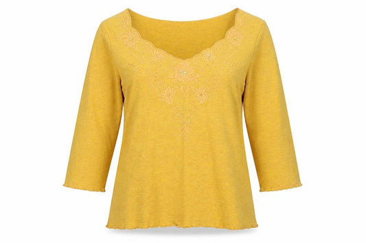 Per Una Women Yellow Size 14 Linen Embroidered Beaded V-Neck Blouse