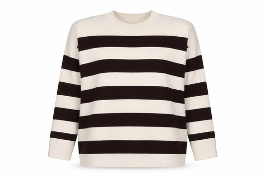 MNG Women’s Ivory Brown Striped Knit Crew Neck Jumper UK 12