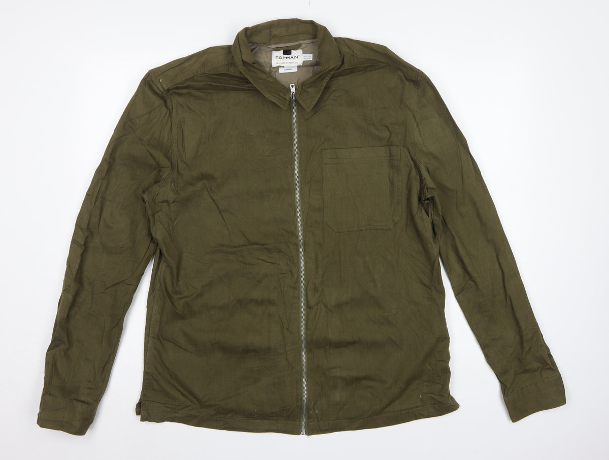 Topman Men's Green L Basic Jacket Embroidered Floral Cotton Zip Overshirt
