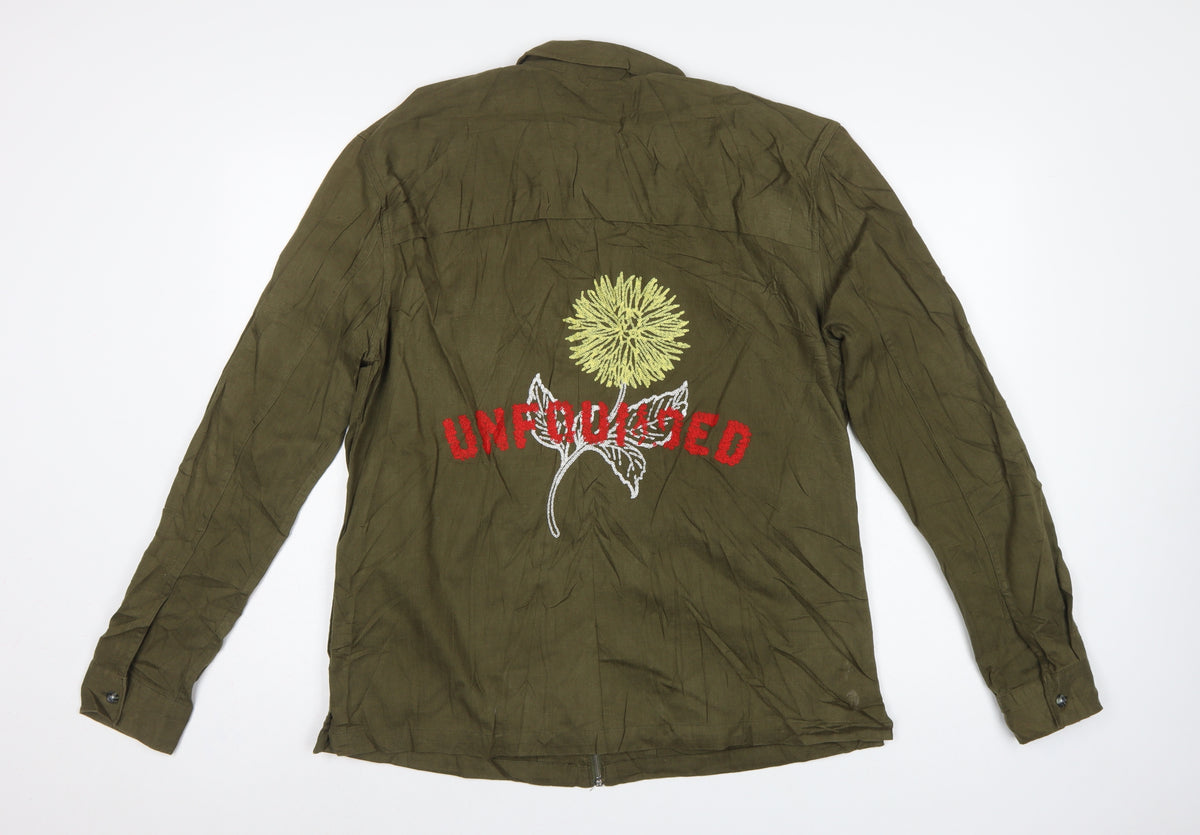 Topman Men's Green L Basic Jacket Embroidered Floral Cotton Zip Overshirt