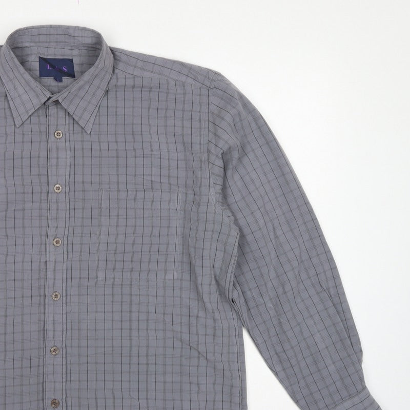 LAS Men’s Grey Check L Long Sleeve Button-Up Casual Shirt