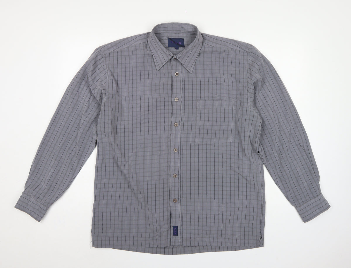 LAS Men’s Grey Check L Long Sleeve Button-Up Casual Shirt