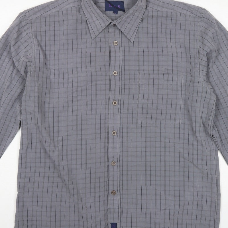 LAS Men’s Grey Check L Long Sleeve Button-Up Casual Shirt