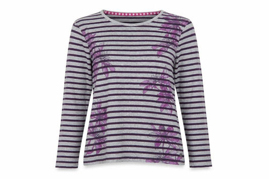 Maine Women Grey Purple Striped Floral Cotton Long Sleeve T-Shirt UK 12