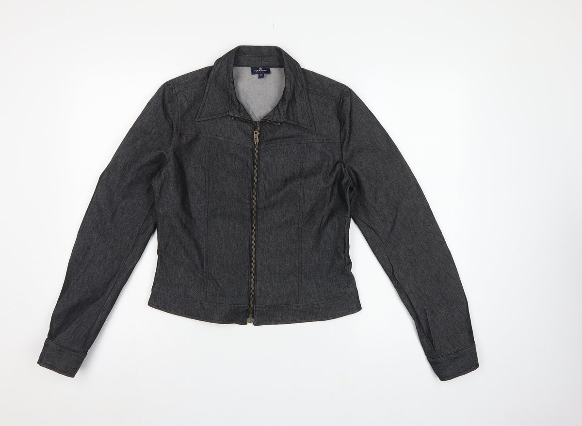 Naf Naf Women’s Grey Denim Zip Jacket Size M Slim Fit