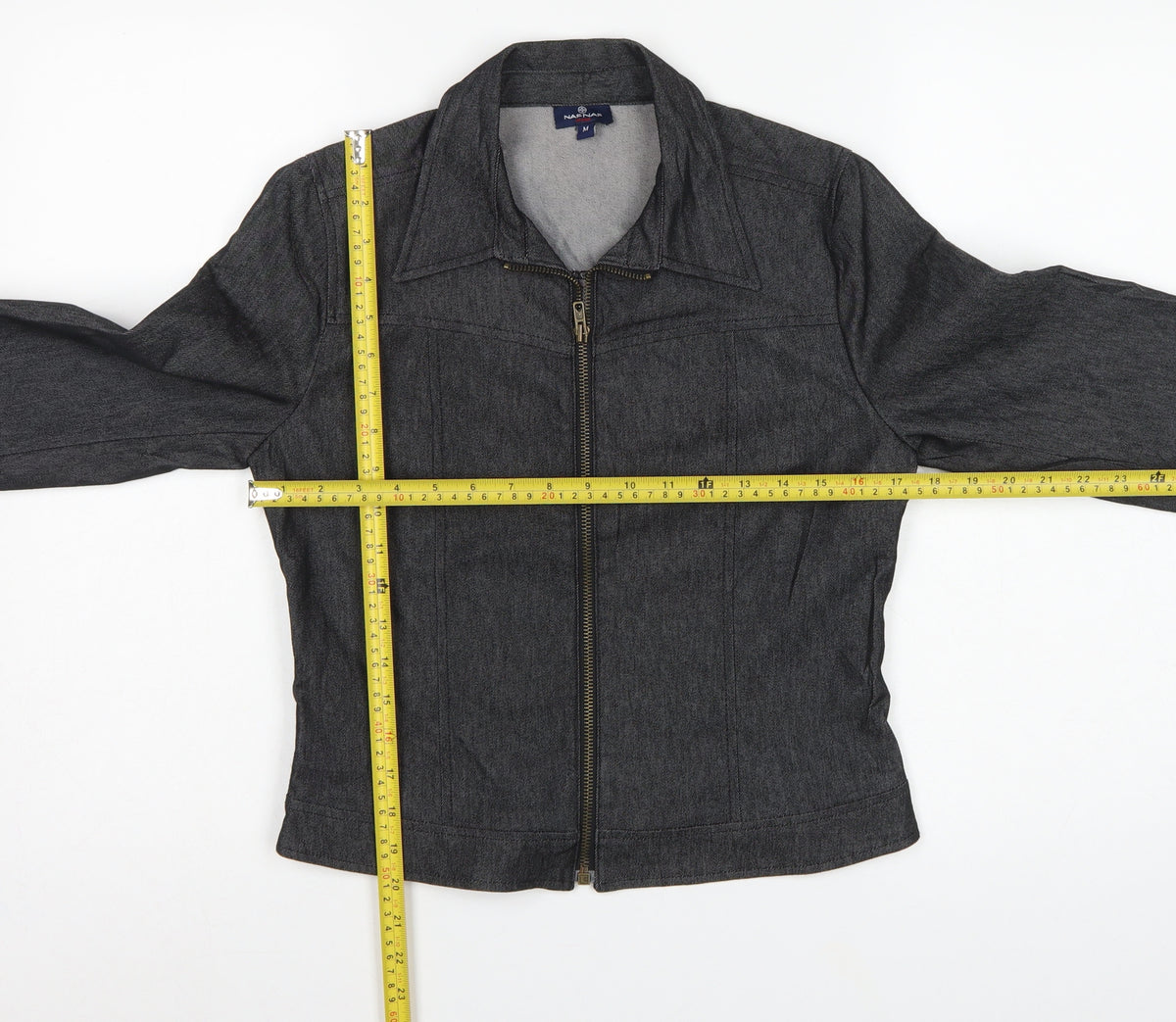 Naf Naf Women’s Grey Denim Zip Jacket Size M Slim Fit